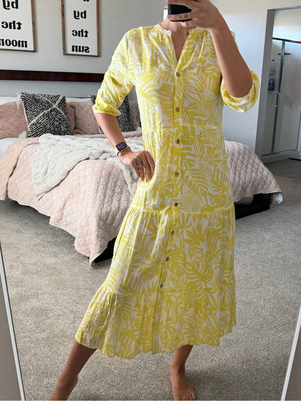 Salty Lemon Yellow Tropical-Print Maxi Dress S